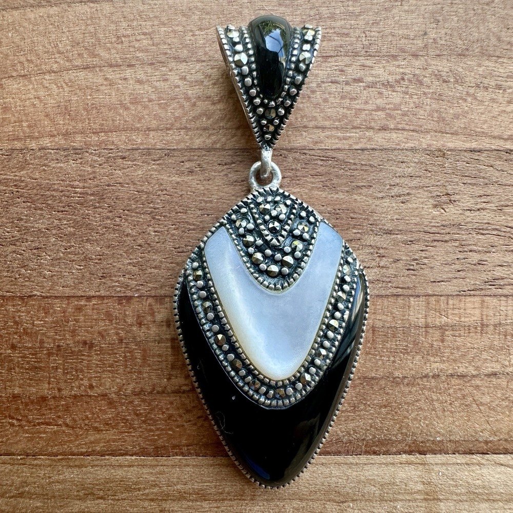 Thai Artisan Pendant 1.6 Inch MOP Shell Black Onyx Marcasite 925 Sterling 6.3g